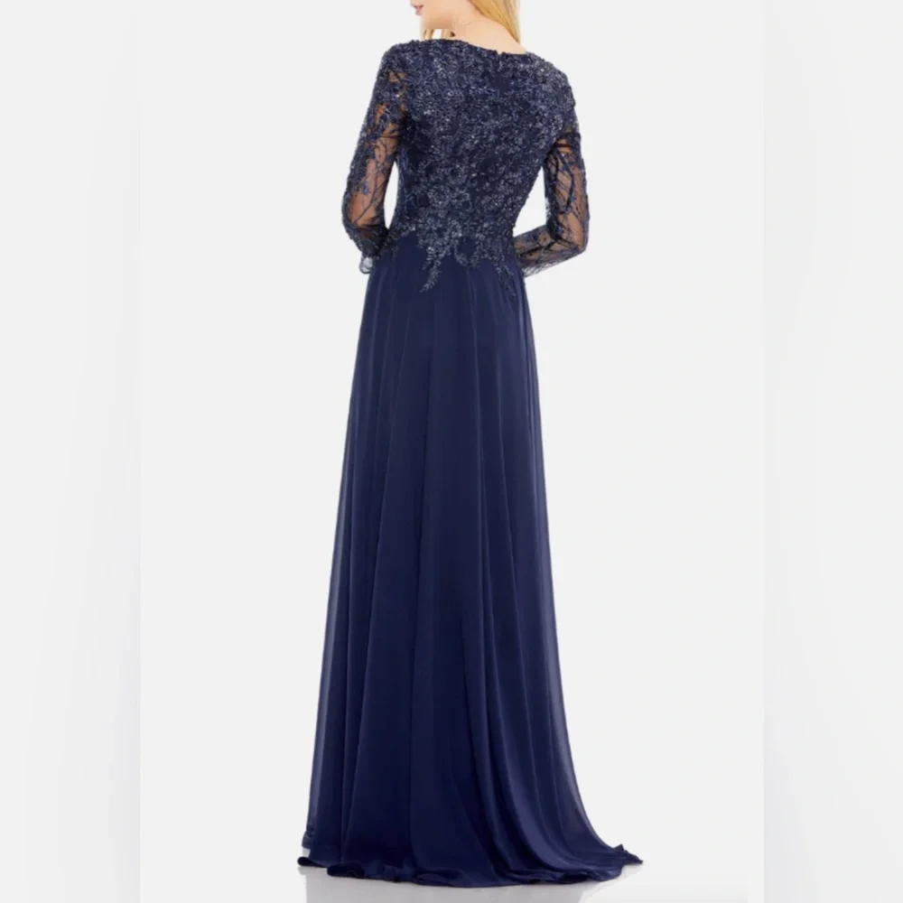 NWT Mac Duggal High Neck Mesh Long Sleeve Embellished A Line Gown 20388 Size 8